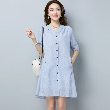 

#2908 Summer Half Sleeve Cotton Linen Shirt Women Cardigan Stripe Shirt Tunic Femme V Neck Pleated Loose Plus Size Long Shirts