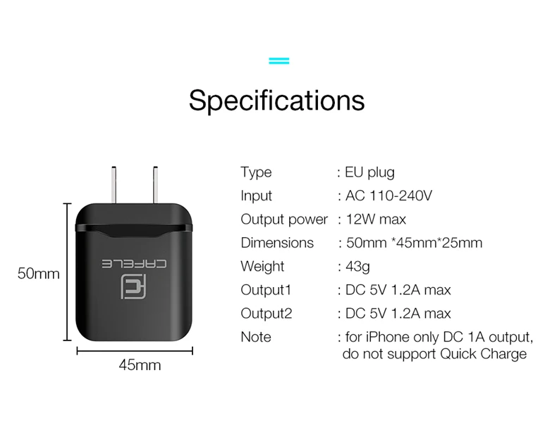 Cafele US Plug Dual USB зарядное устройство DC 5 В 2.4A 12 Вт зарядное устройство для мобильного телефона Зарядка для iPhone X XS Max iPad для samsung huawei Xiaomi