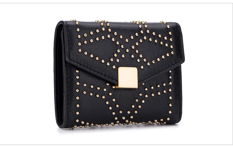 Lomelobo Ladies Rivets Small Wallet Genuine Cow Leather Women Three-Fold Short Personality Wallet Girls Credit Card Holder Purse HPL2627-1 Details (05)