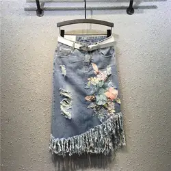 Женская модная облегающая юбка с кисточками, винтажная Асимметричная джинсовая юбка с завышенной талией, рваные юбки, лоскутные 3D