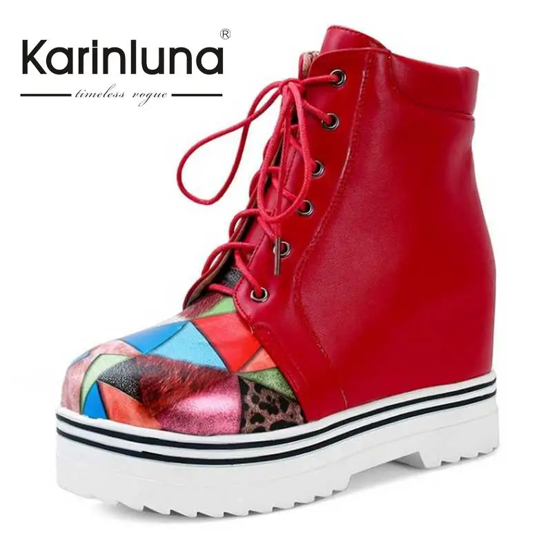 

KarinLuna Mixed Colors Women Ankle Boots Lace Up Red Black Flat Heel Shoes Round Toe Add Fur Platform Shoes Autumn Winter Boot
