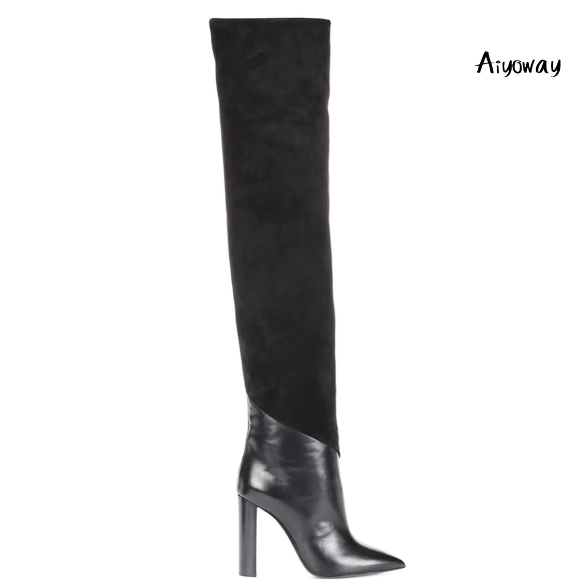 

Aiyoway New Style Women Ladies Pointed Toe High Heel Over The Knee Boots Black Faux Suede & PU Patchwork Winter Sexy Long Boots