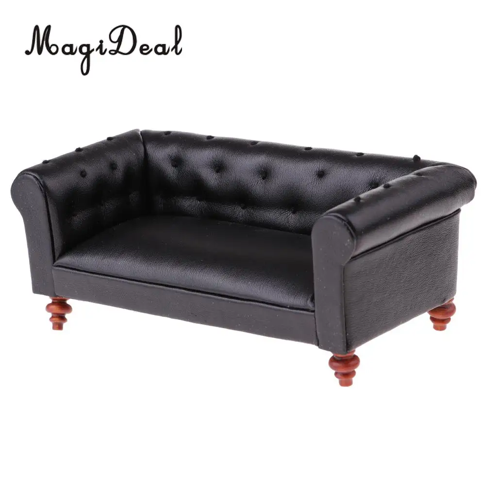 Us 18 56 29 Off 1 12 Scale Dollhouse Miniature Wooden Mini Furniture Leather Long Sofa Couch Living Room Bedroom Accessory Model Toy In Furniture