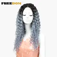 FREEDOM Wigs Deep Wave Lace Front Wigs Synthetic Hair 26 Inch Silver Gray Ombre Color Heat Resistant Cosplay Womens Wigs