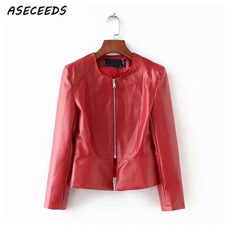 Autumn red Faux Leather leather jacket for women Bomber Motorcycle Coat