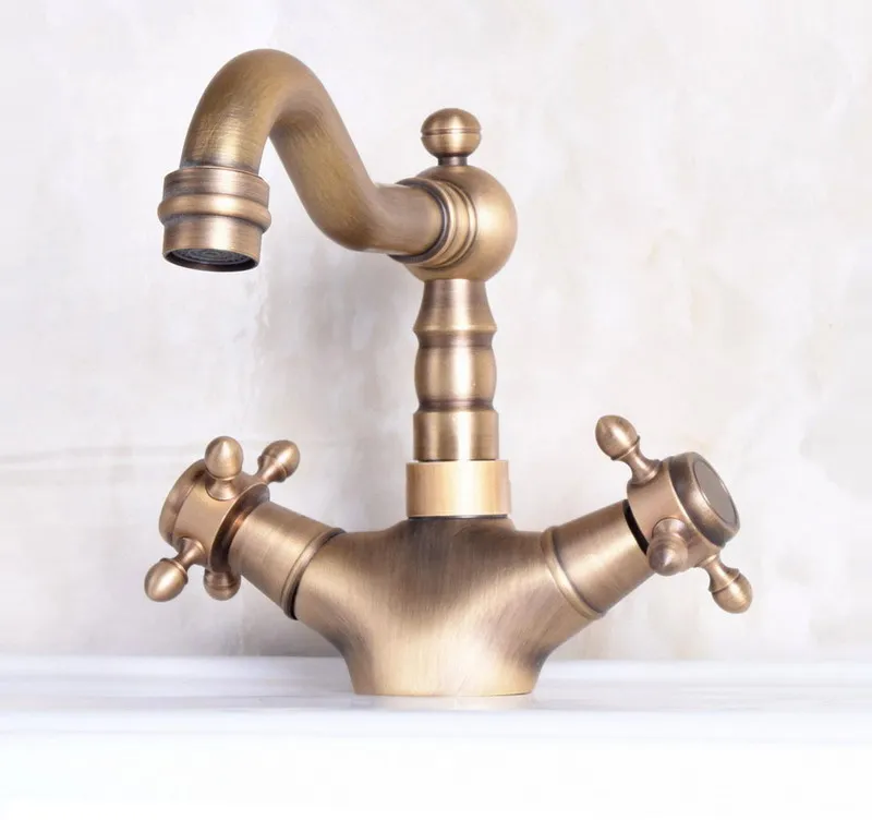 Two Cross Handles Antique Brass Single Hole Swivel Spout Kitchen Sink Bathroom Vessel Basin Faucet Mixer Tap anf245