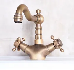 Two Cross Handles Antique Brass Single Hole Swivel Spout Kitchen Sink Bathroom Vessel Basin Faucet Mixer Tap anf245