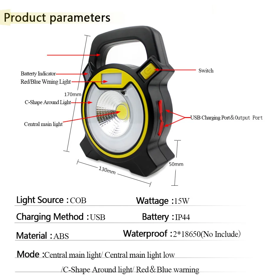 15 Вт Led COB портативный прожектор фонарь прожектор перезаряжаемый ручной питание на 18650 батареях аварийная Рабочая инспекционная лампа