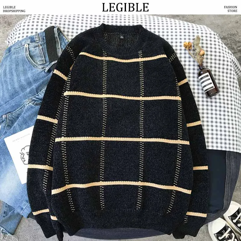 

LEGIBLE 2019 New Autumn Hip Hop plaid Sweater Men Casual loose Mens Sweaters O-Neck Knitting Pullovers Men 3XL