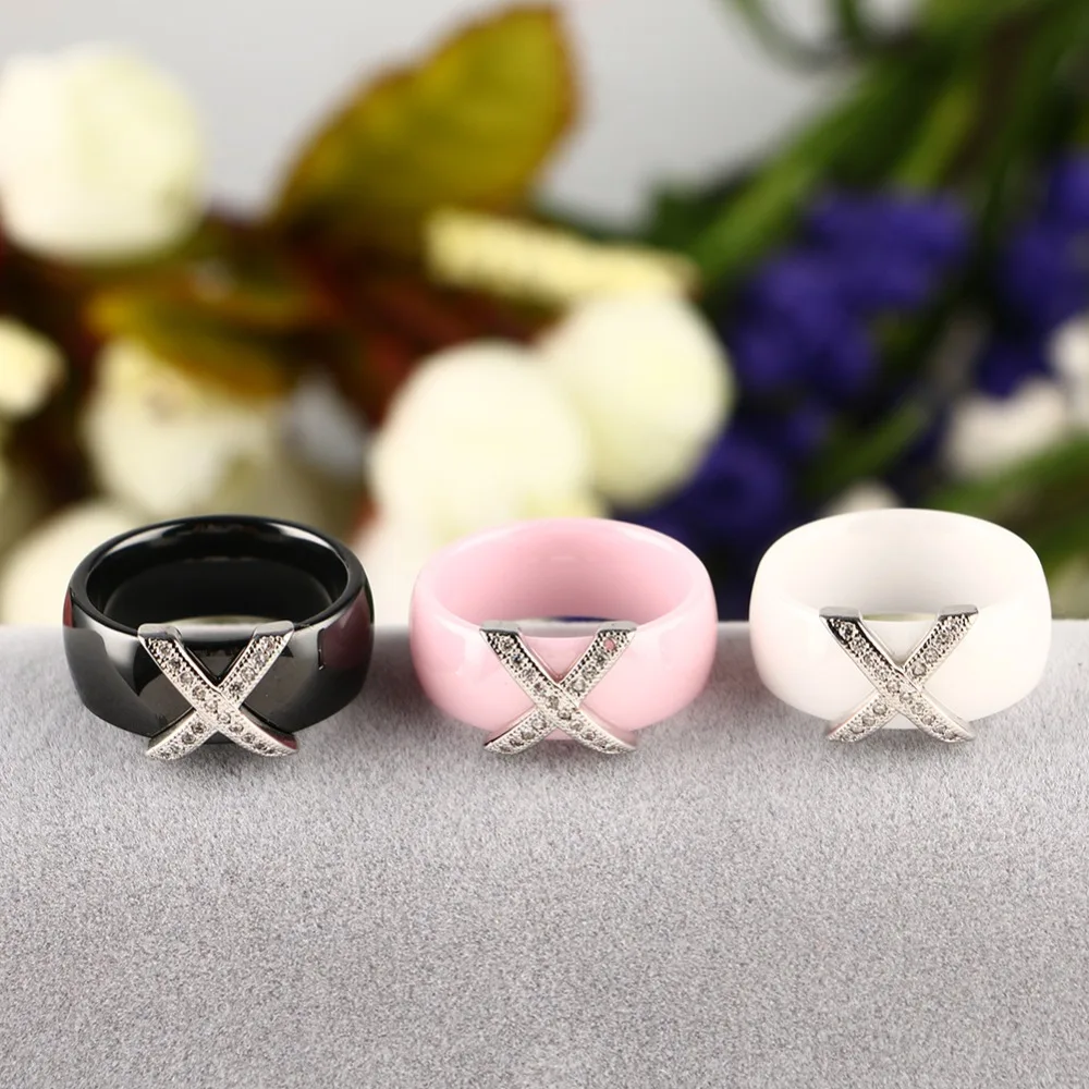 Модные ювелирные изделия Женское кольцо с AAA кристаллом 8 мм X Крест розовый черный белый керамические кольца для мужчин и женщин плюс большой размер обручальное кольцо