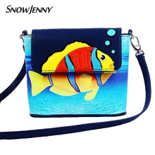 Женская сумка-мессенджер из кожи с вышивкой в стиле пэчворк; брендовая сумка Braccialini Art; Океанский тропический рисунок рыбы