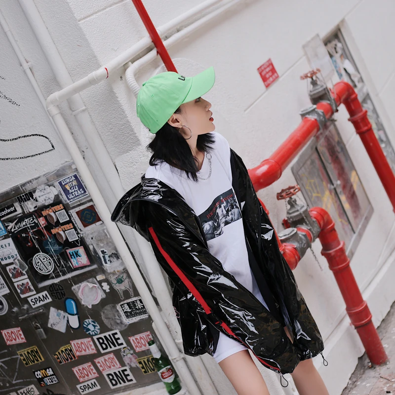 VKBN 2018 Autumn Clothing leather jacket New Tide Brand Behind Printing Light Black Hat Leisure Cardigan Loose Coat Woman Coats