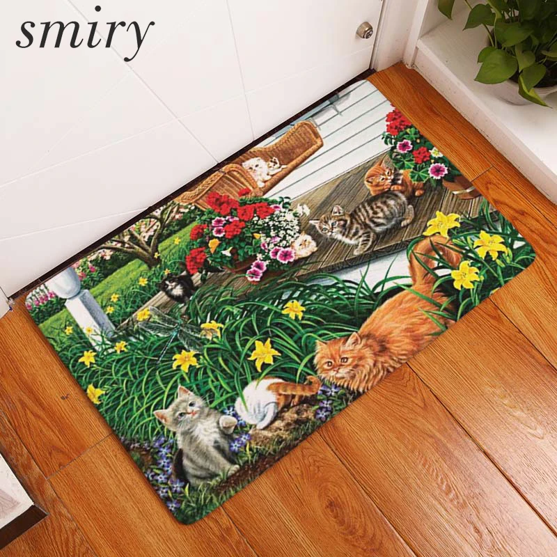 Smiry Anti- Slip Entrance Floor Mats Cute Cartoon Funny Cat Scenery Kitchen Rug Decoration Stair Carpets Light Thin Crafts Rugs