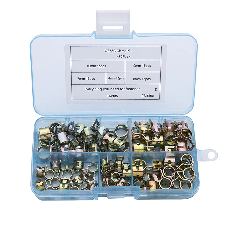 

75Pcs/set 6-10mm Q673B Vacuum Spring Fuel Oil Water CPU Hose Clip Pipe Tube for Band Clamp Metal Fastener Assortment Kit HW105