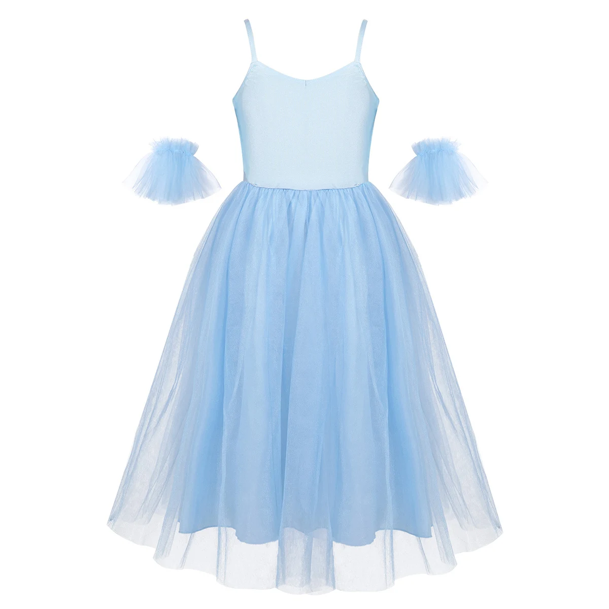 iiniim Kids Girls Ballerina Spaghetti Shoulder Straps Romantic Style Ballet Dance Mesh Long Dress with Ruffled Arm Sleeves - Цвет: Sky Blue