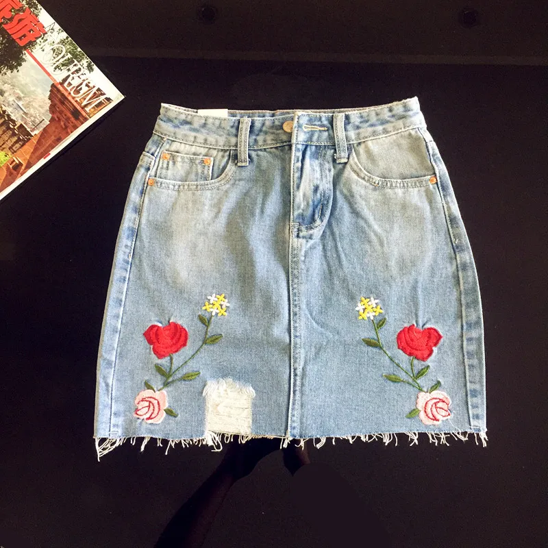 Women Summer Denim Skirt Rose Embroidery Jean Skirts Sweet Floral Mini
