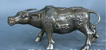 

YM 319 9" China Folk Feng Shui Bronze Fu Wealth Coin Deer Carve Zodiac Bull Oxen Statue