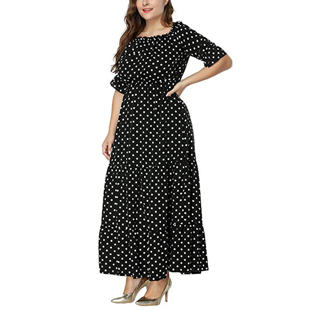 

Plus Size Women Summer Dress Polka Dot Slash Neck Half Sleeve Lace-up Long Dresses Maxi Flare Sleeve Sundress Elegant 2019