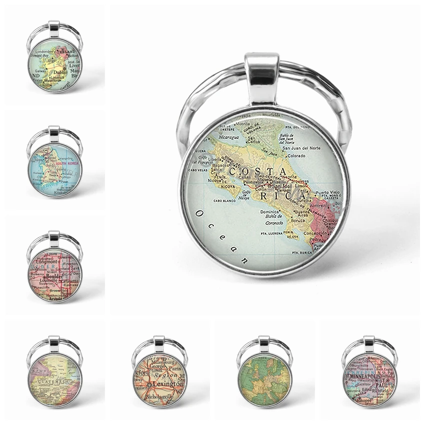 

2018 Newest Metal Key Chains Handmade Vintage Costa Rica World Map Earth Geography Key Chain Glass Dome Keychains for Men Women