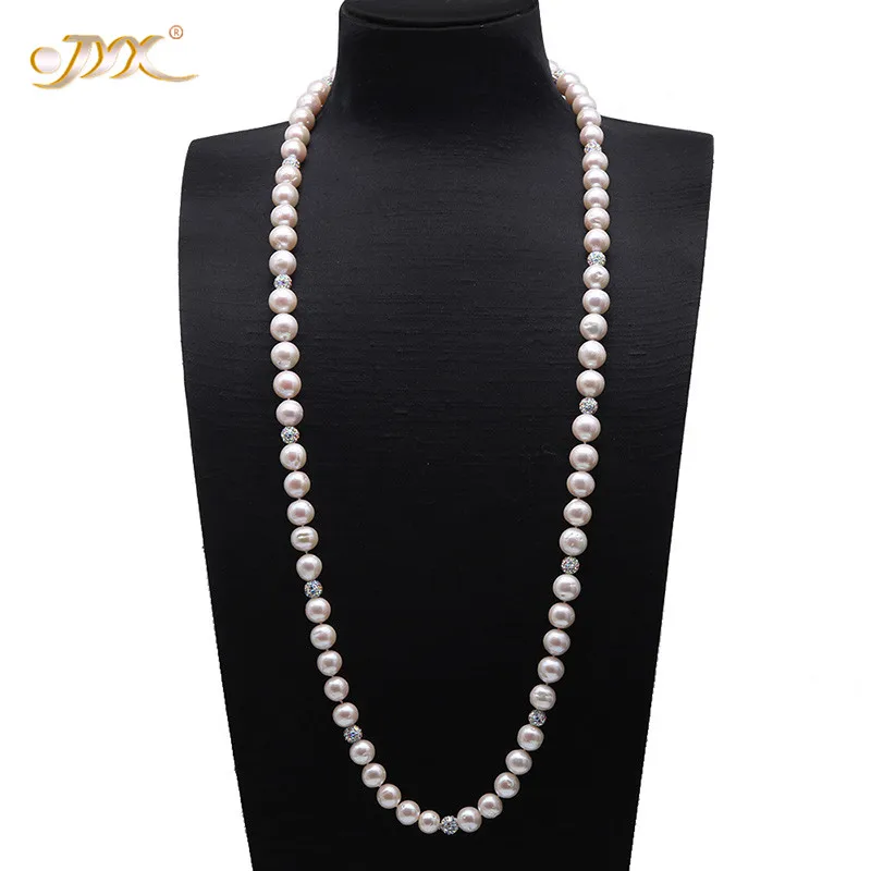 JYX Pearl Necklace 11-11.5mm White Round Freshwater Pearl Necklace with Shiny CZech Rhinestones For Women Bride Jewelry Necklace 36