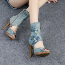 Peep Toe Gladiator Blue Jeans Cut-outs Sandal Boots High Heeled Platform Women Summer Short Boots Shoes Denims Hollow Out Shoes