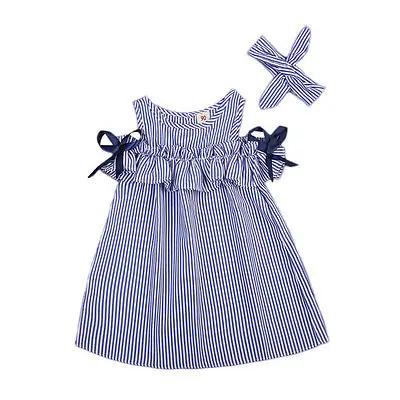 

Toddler Kids Baby Girls Clothes Dresses Striped Off shoulder Mini Bow Cute Party Gown Formal Dress Girl