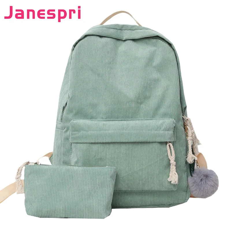 

2pcs/set Corduroy Backpack Cute Fur Ball Pendant School Backpack Female Laptop Backpacks for Teenager Girls Travel bags Mochilas