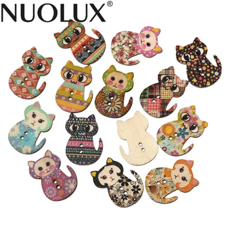 

50pcs Multicolored Cat Shaped 2 Holes Wood Printing Sewing Buttons (Mixed Color)