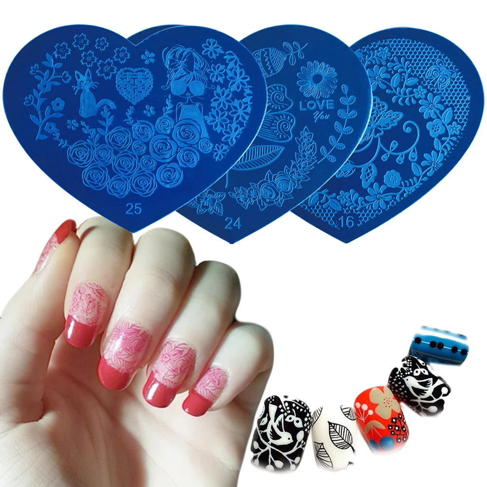 

1PC Love Heart Shape Nail Art Image Stamp Flower Butterfly Romantic Elegant Plates Steel Image Nail Art Polish Template TR544