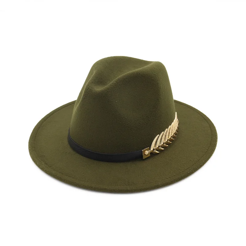 QIUBOSS тренд сплошной цвет для мужчин и женщин шерсть фетровая Панама Шляпа Fedora шапки кожаный ремешок металлические листья узор Черная мягкая фетровая шляпа в джазовом стиле QB04