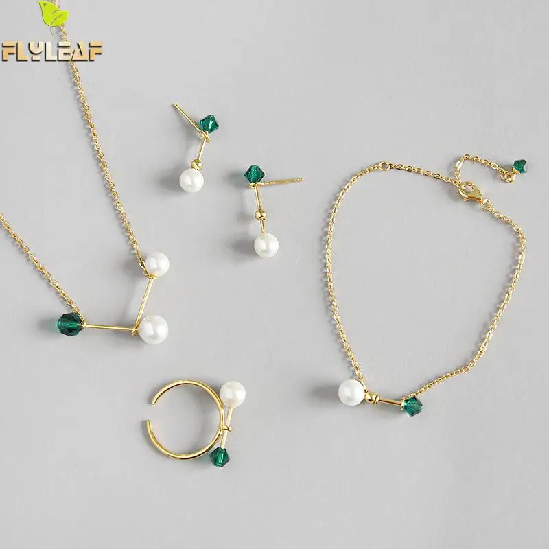 

Flyleaf Green Zircon Shell Fake Pearl Jewelry Sets For Women Luxury 100% 925 Sterling Silver Party Fashion Jewelry