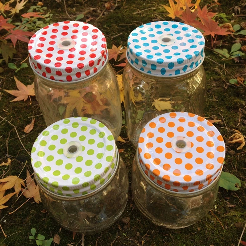 Mason Jar Drinking Glass Colorful lids with Straw Hole Lids