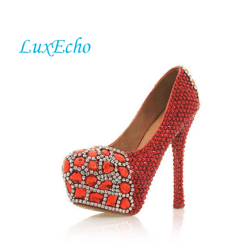 Красные туфли на очень высоком каблуке-шпильке со стразами обувь на платформе женская вечерняя обувь тонкие каблуки мелкий носок обувь для вечеринок большие размеры