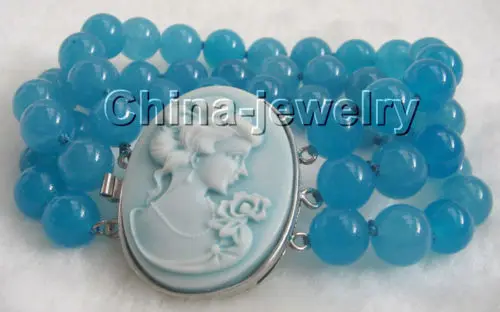 

Wholesale price 16new ^^^^Shining 8"3row 10mm perfect round blue jade bracelet-cameo clasp