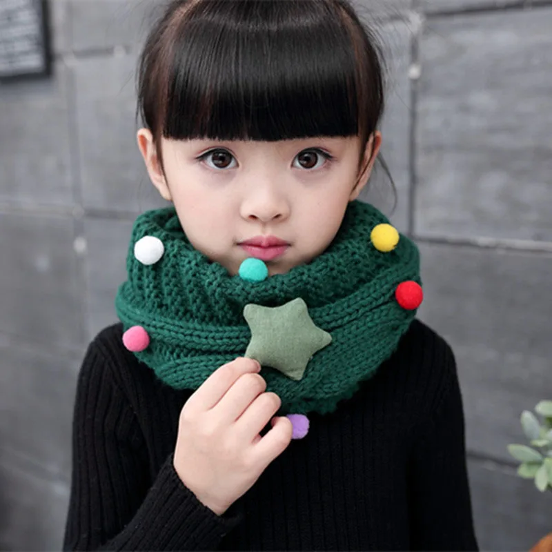 

Winter New Warm Knitted Baby Girl Scarf Solid Color Pompom Star Girls Children Kids Scarves O-Ring Neck Girls Clothes Winter