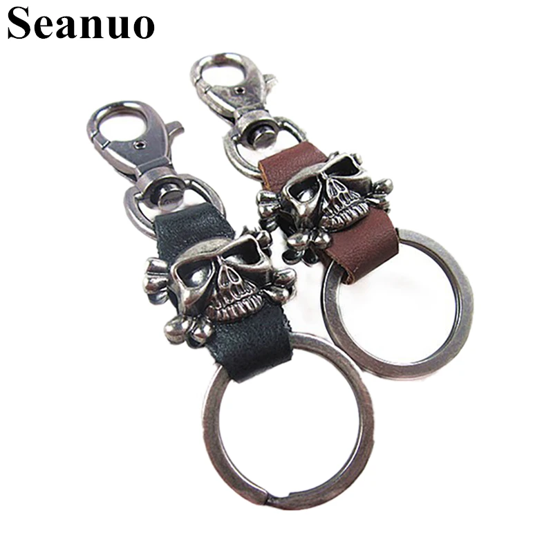 

Seanuo Personality Skull Leather Car Keychain Key Chain For Men Women Fashion Punk Stainless Steel Bag Door Key Ring Key Holders