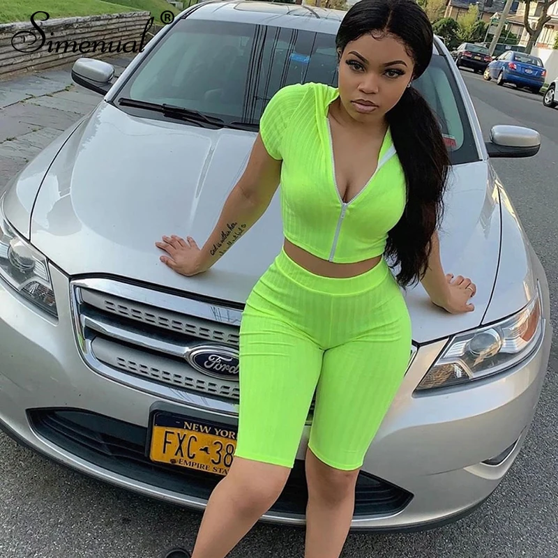 

Simenual Casual Neon Color Matching Sets Women Zipper Two Piece Outfits Sporty Active Wear Hooded Crop Top And Biker Shorts Set