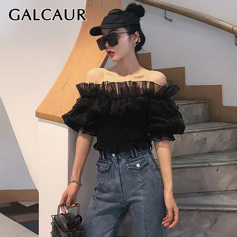 Женская рубашка с открытыми плечами GALCAUR однотонная блузка вырезом лодочкой и