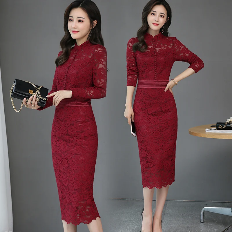

2018 Spring Lace Dress Women Long Sleeve Elegant Party Dress Sexy Bodycon Dress