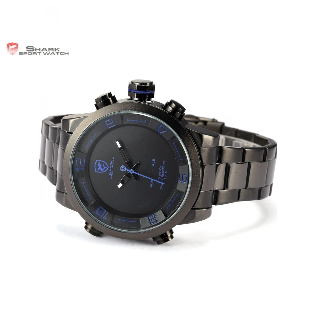 Men's Gulper SHARK Sport Watch Japan Movement Steel Band Blue LED Light Date Alarm Digital Waterproof Quartz Watches Gift /SH362