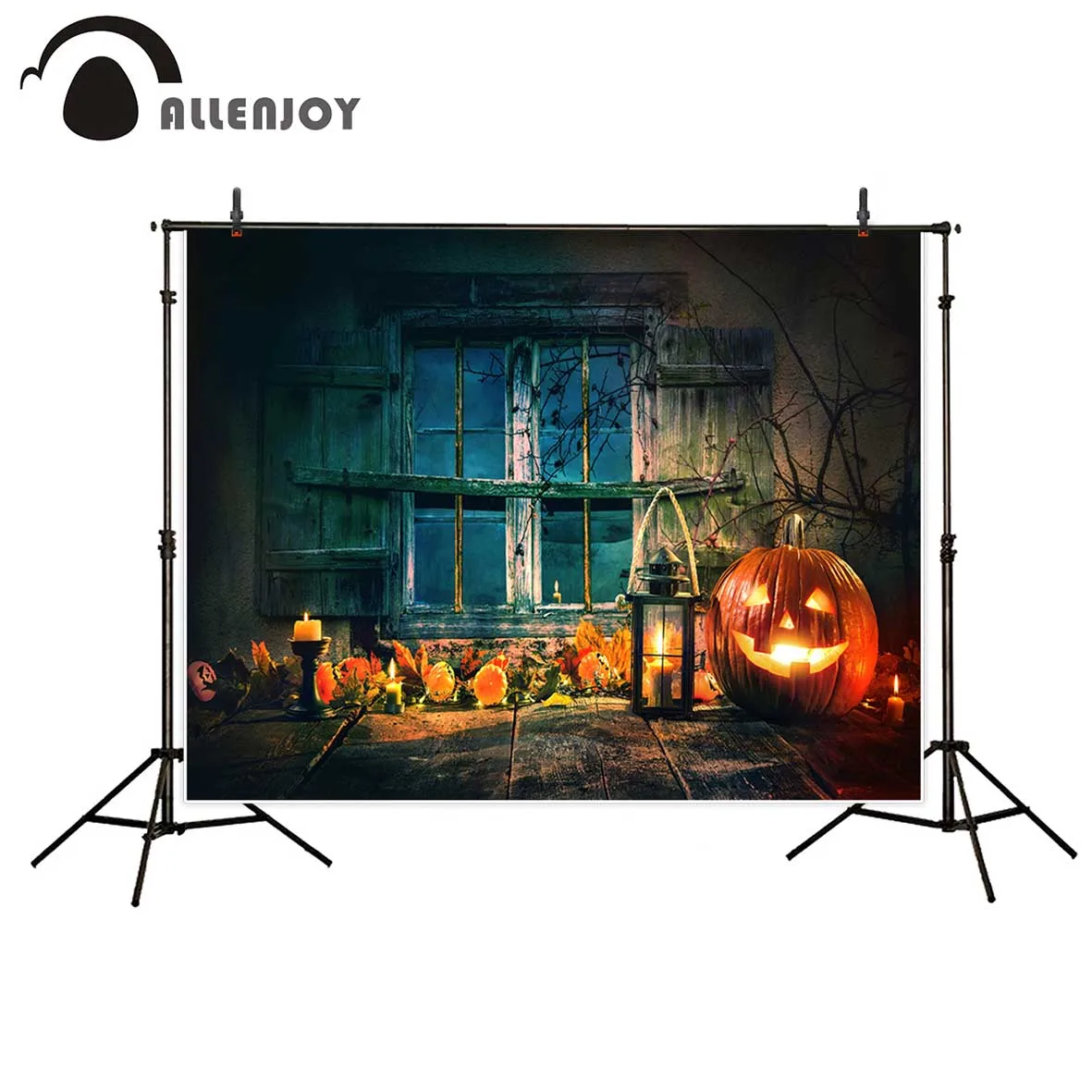 

Allenjoy photo backdrops Halloween children wonderland pumpkin wooden windows background original design photographic