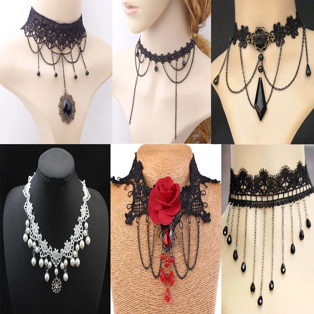 Kopen Steampunk Gothic Victoriaanse Kwastje Tattoo Choker Ketting Voor Koop, Black Lace Choker Kraag Vintage Vrouwen Bruiloft Sieraden