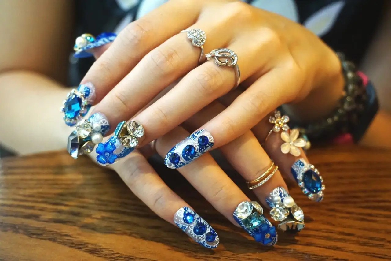Новые 24 штуки(предварительно клея) фантазия очаровательный синий Свадебный маникюр алмаз 3D Длинные Поддельные Накладные акриловые наклейки для ногтей с клеем