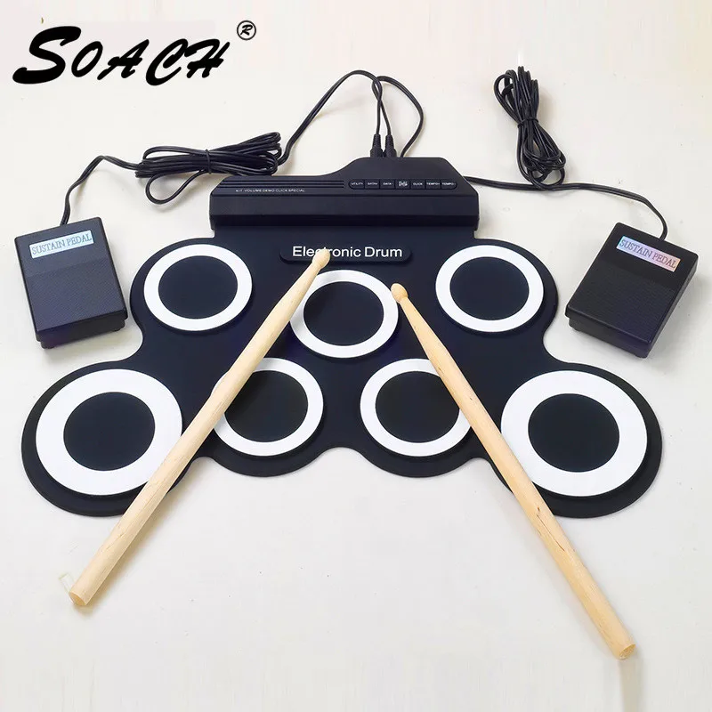 SOACH 7 Pads Portable Digital USB Hand Roll Drum Foldable Silicone