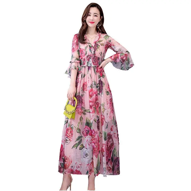 

New 2019 Fashion Women Bohemian Beach Floral Print Chiffon Long Dresses Female Elegant Plus Size 3XL Maxi Dress Vestidos M237
