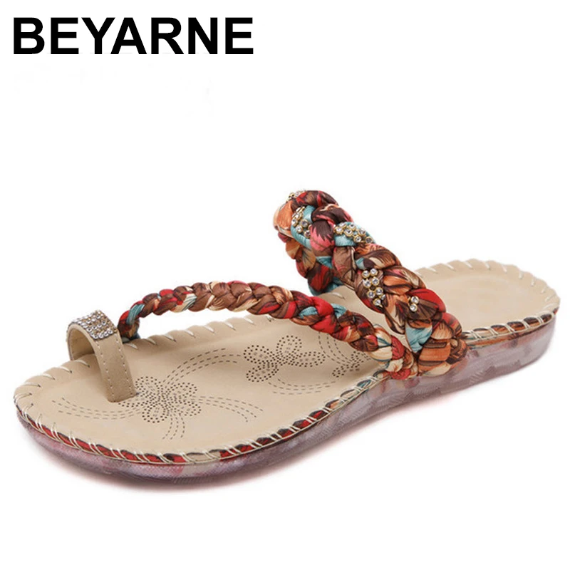

BEYARNE Female Summer Sandals Flip Flops Shoes Woman Print Cloth Weave Style Women Beach Shoes with Transparent sole