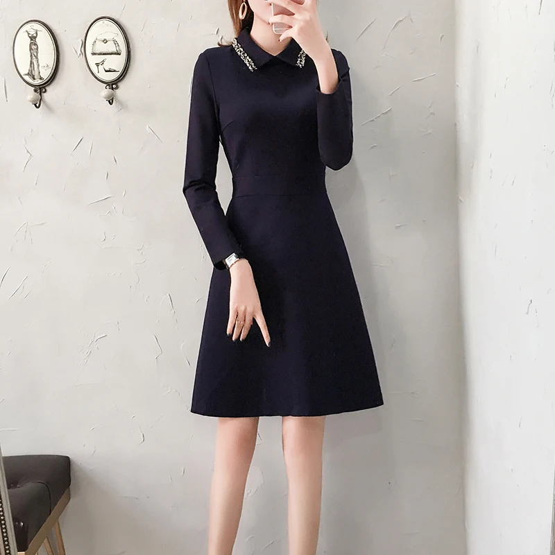 Z790 Baissez Parti De Lady Longues Mode À Femmes Coréenne Col Taille Blue Stickers Mi Robes Élégant Office Navy Courtes Manches Porte wqFUFZI