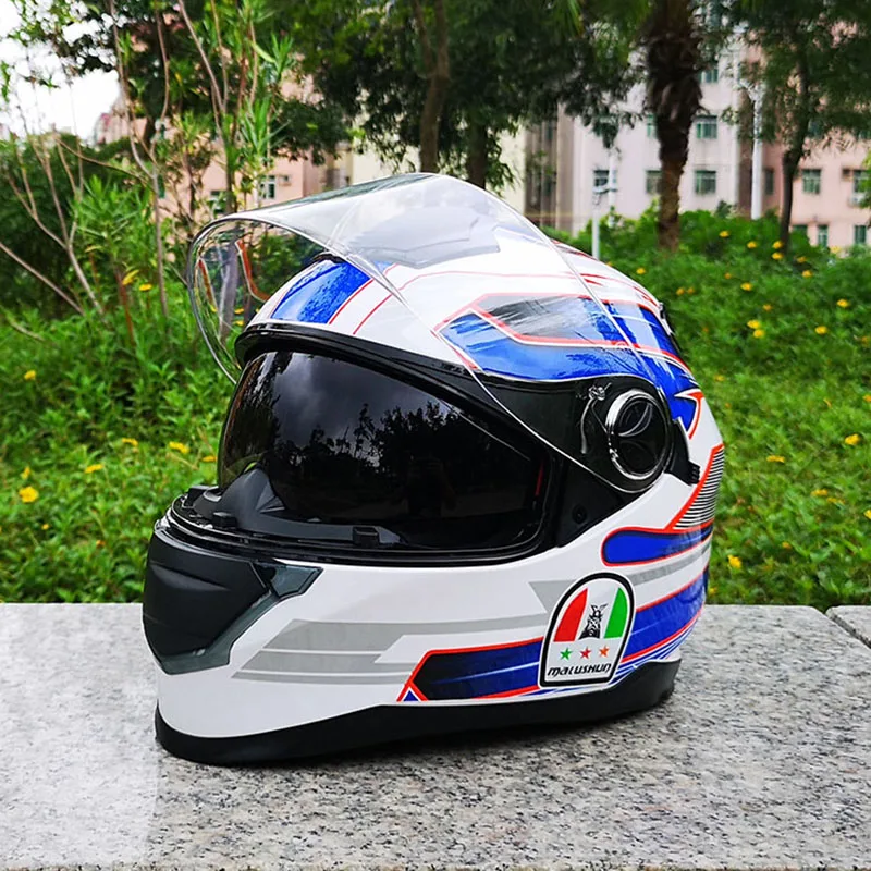 

Malushun motorcycle helmet double lenses full face moto helmets racing motorbike filp up cool women riding casco blue helmet