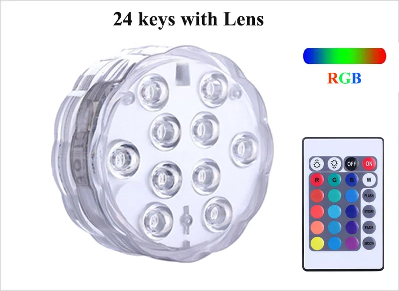 10 шт/лот погружной светодиодный водонепроницаемый разноцветный фонтаны освещение для свадебной вечеринки Рождественская декоративная Цветочная ваза база подводный свет - Испускаемый цвет: 24keys with lens