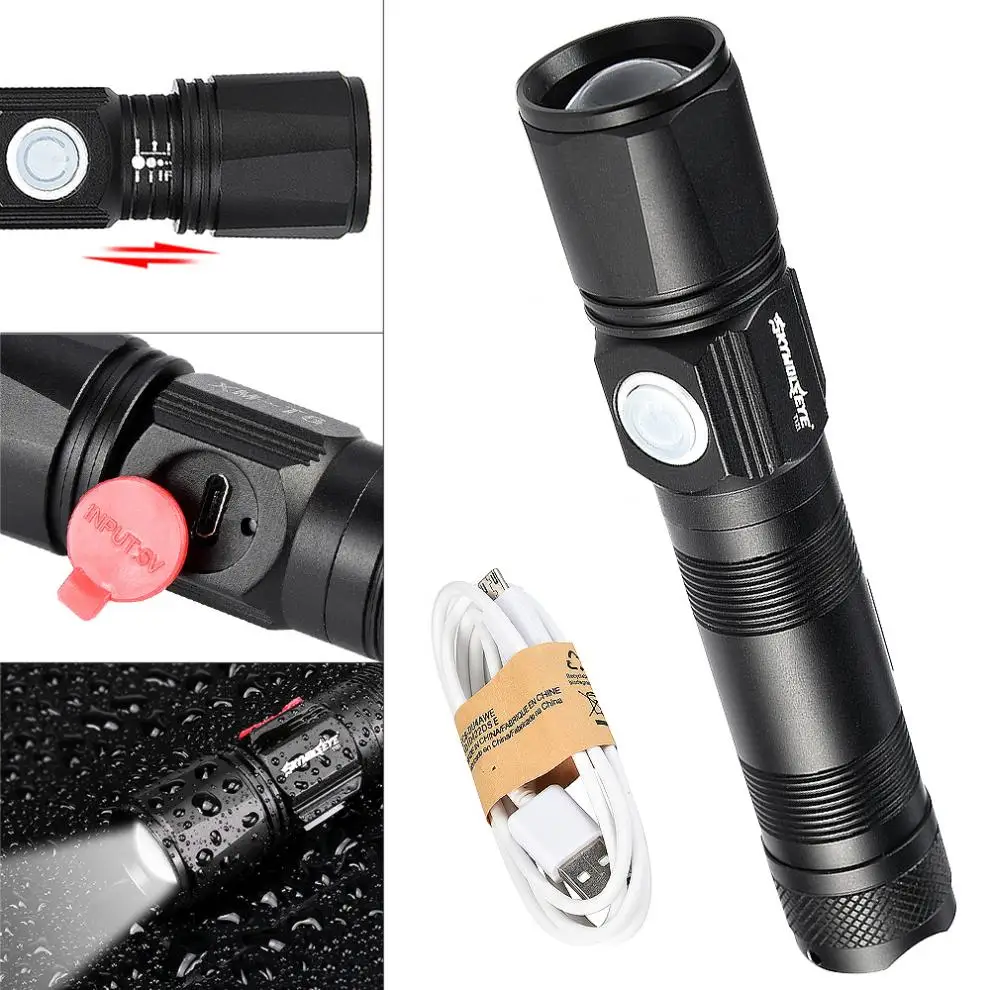 

High Quality LED Flashlight T121 Zoomable 500LM T6 with USB Recharge 3 Modes Flash Waterproof Torch Lamp